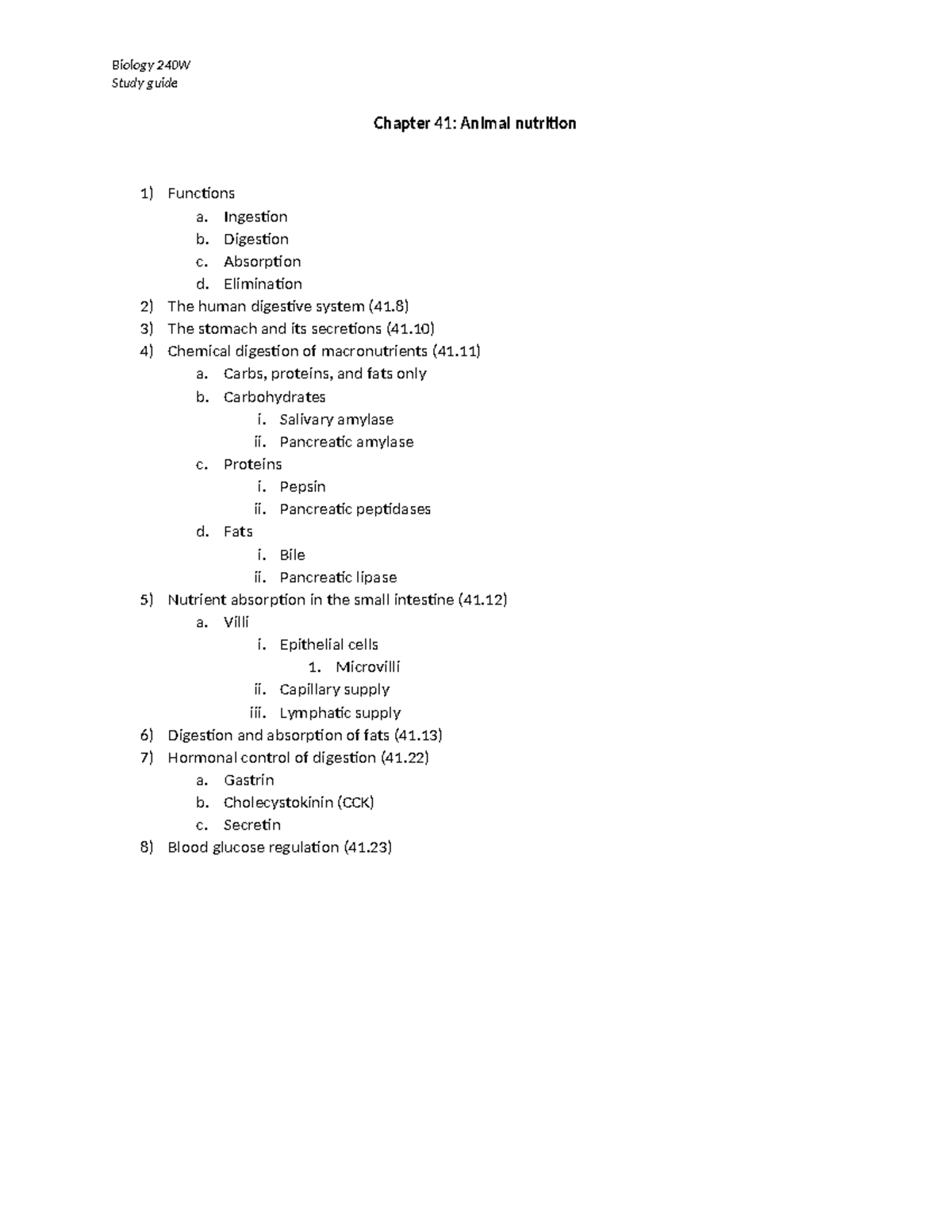 Ch 41 Nutrition GI - Biology 240W Study guide Chapter 41: Animal ...