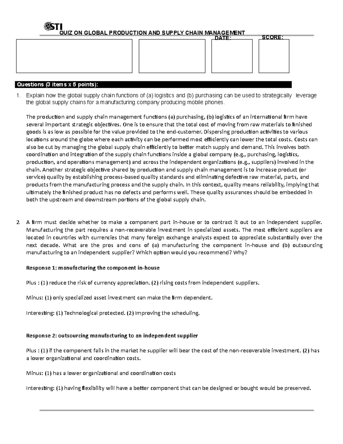 02 Quiz 1 Copy QUIZ ON Global Production AND Supply Chain Management