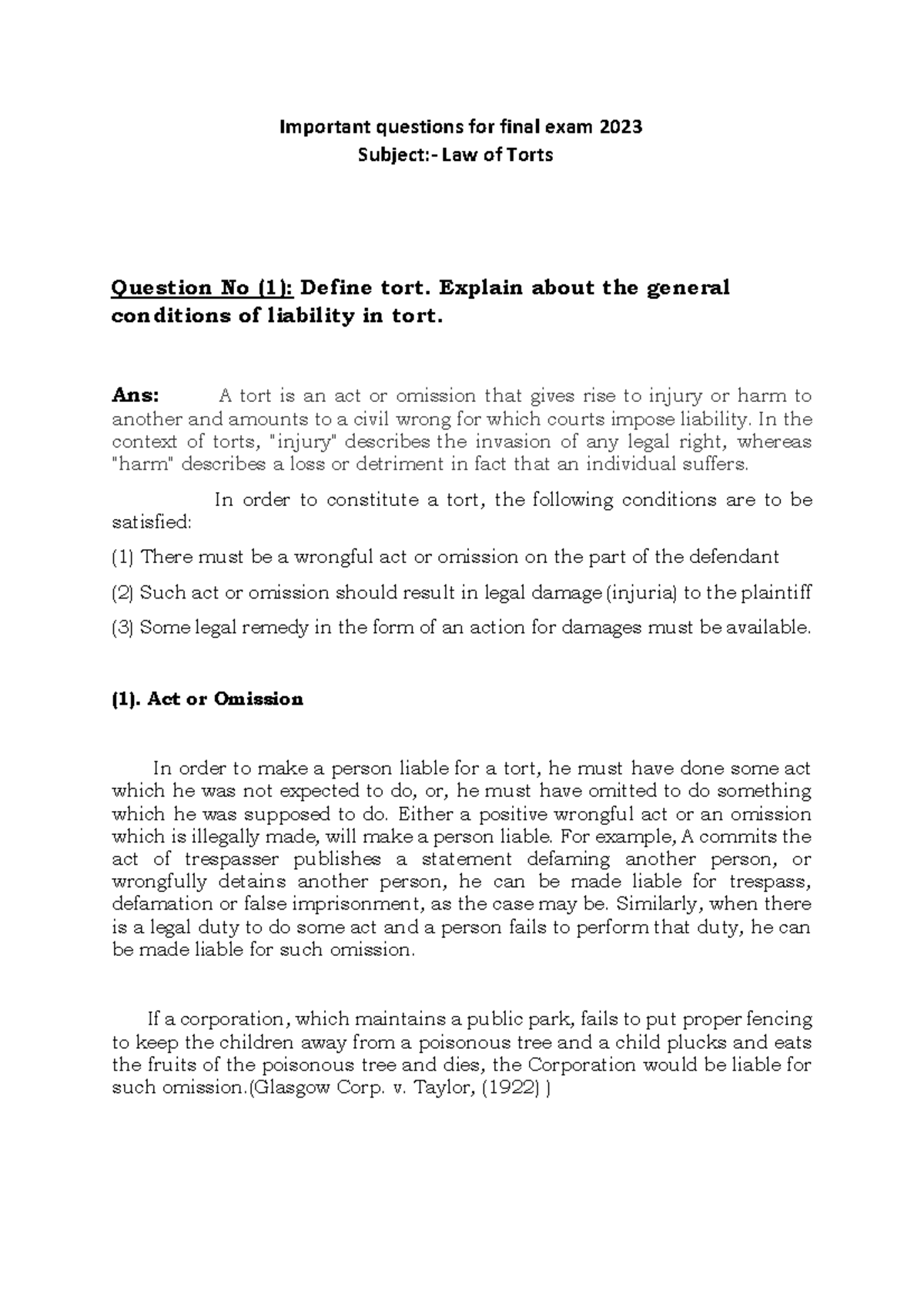 Law Of Torts Final 2023 2 - Important questions for final exam 2023 ...