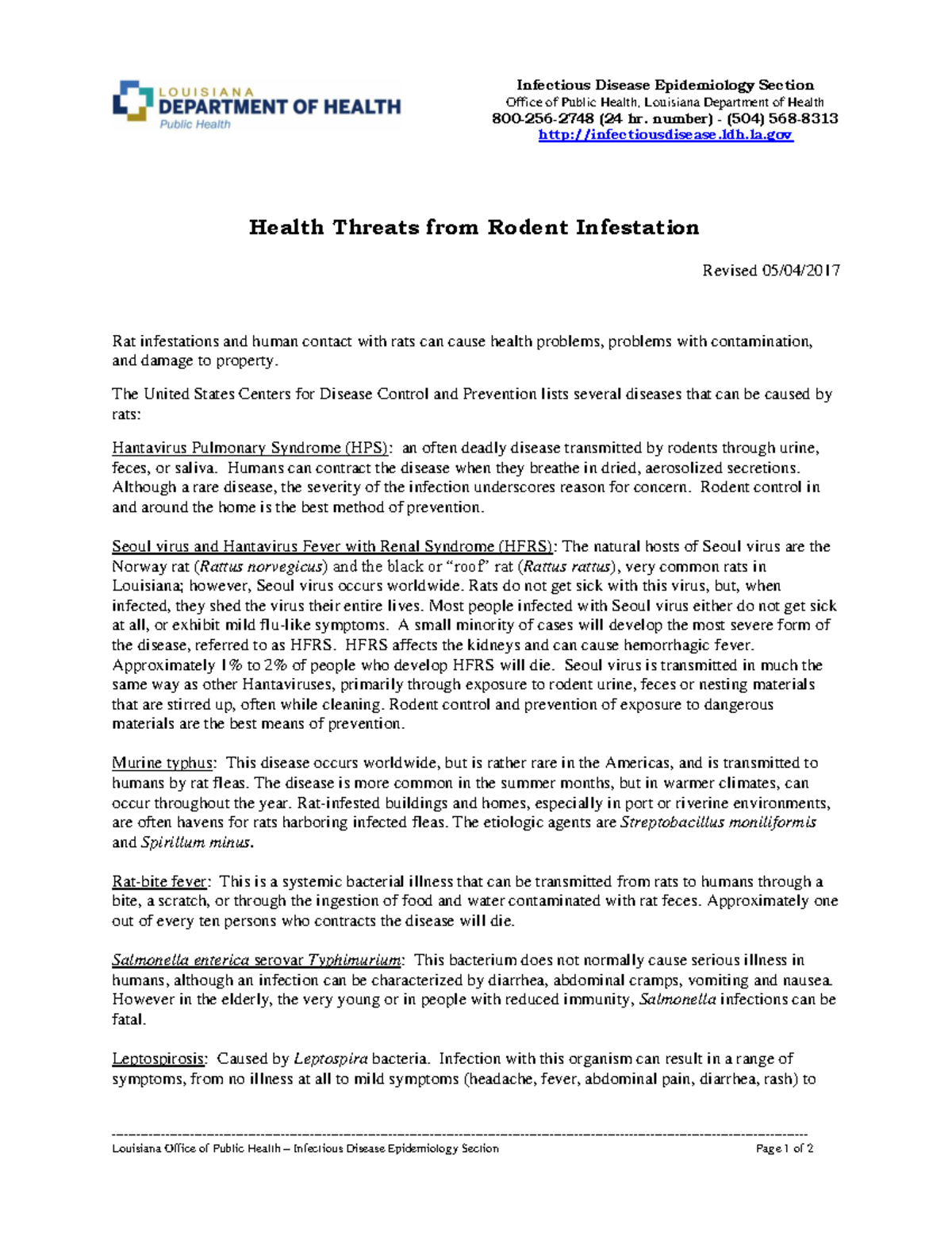Health Threats From Rats - Louisiana Office of Public Health ...