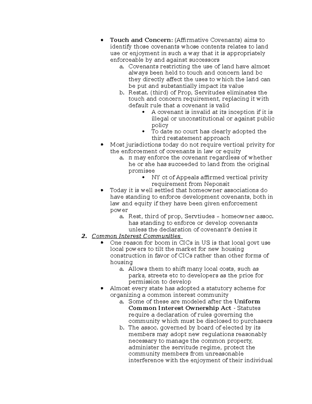 Property Law Outline 2 Touch and Concern (Affirmative Covenants