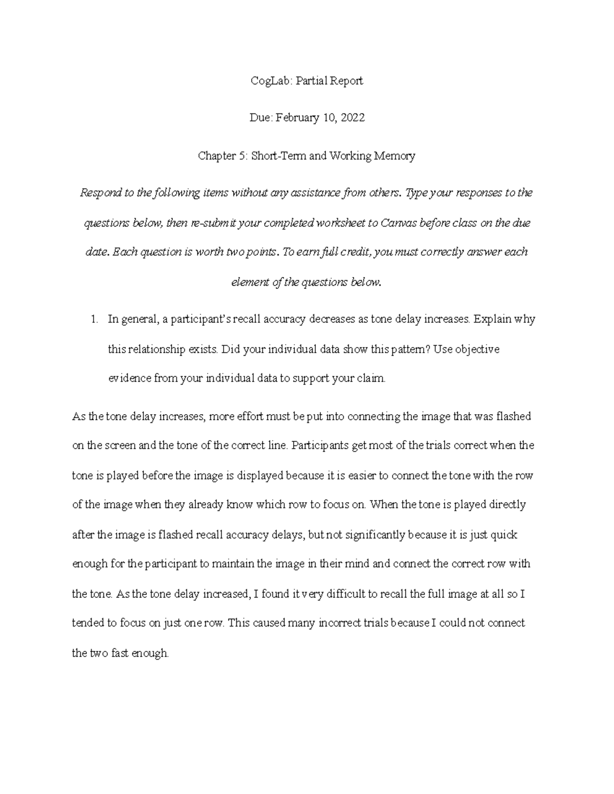Cog Lab 2 (Par R) - Cognition Lab 3 Partial Report - CogLab: Partial ...
