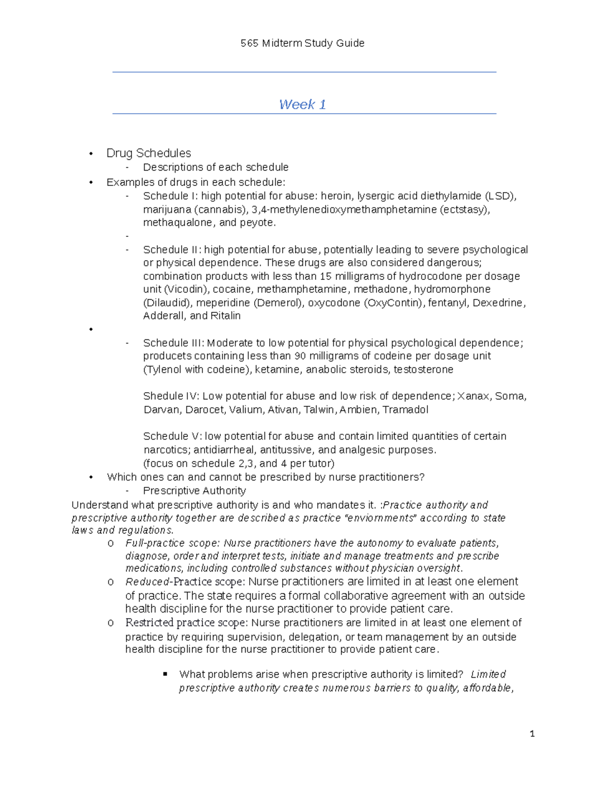 NR565 Midterm Study Guide 2 3 1 - Week 1 • Drug Schedules Descriptions ...