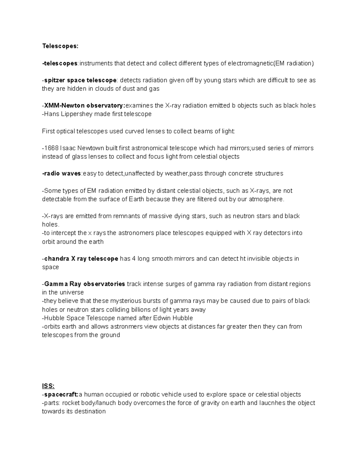 Space notes - notes about the different types of telescopes and space ...