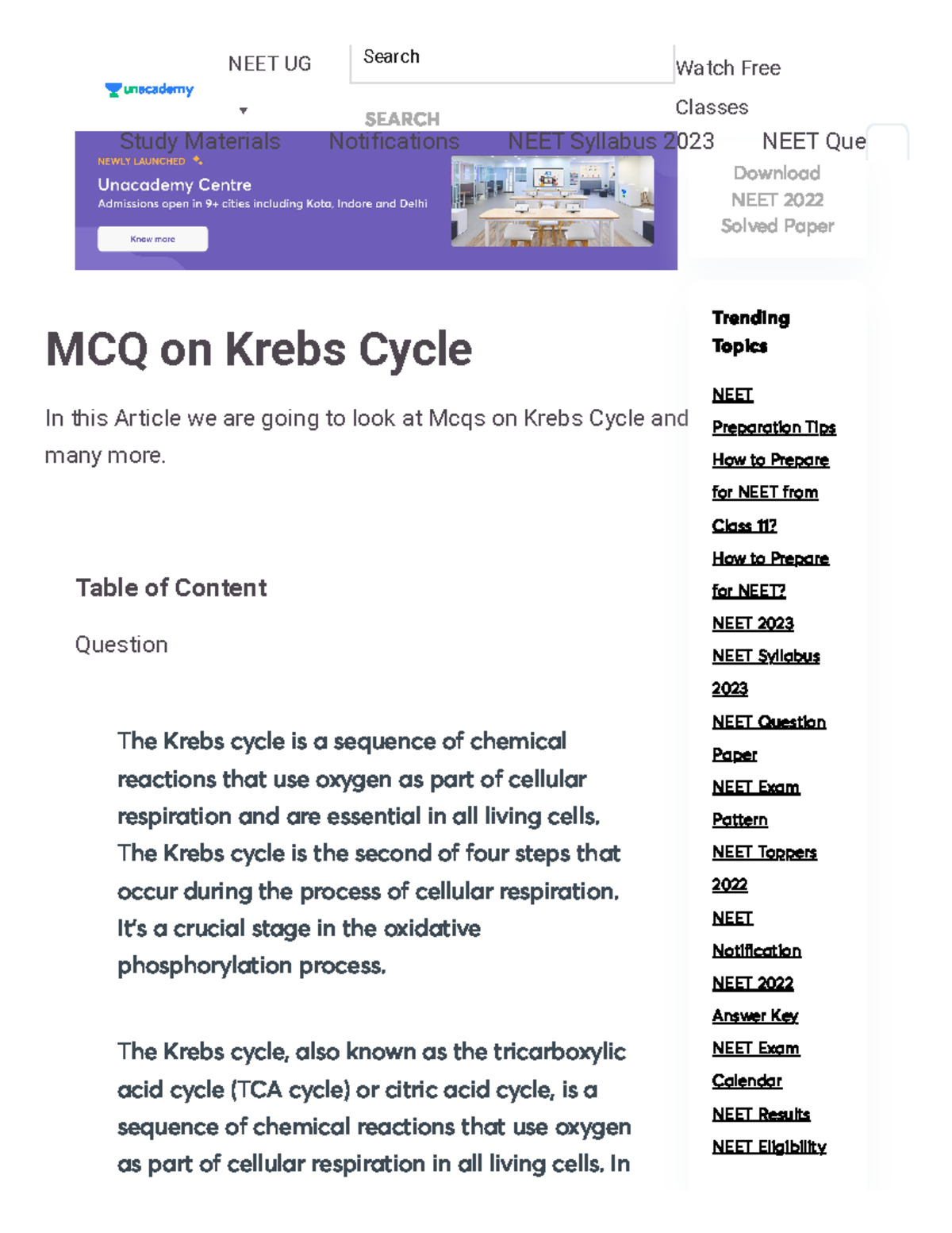 MCQ on Krebs Cycle Mcqs Search Watch Free Classes NEET UG SEARCH NEET UG » NEET UG Study