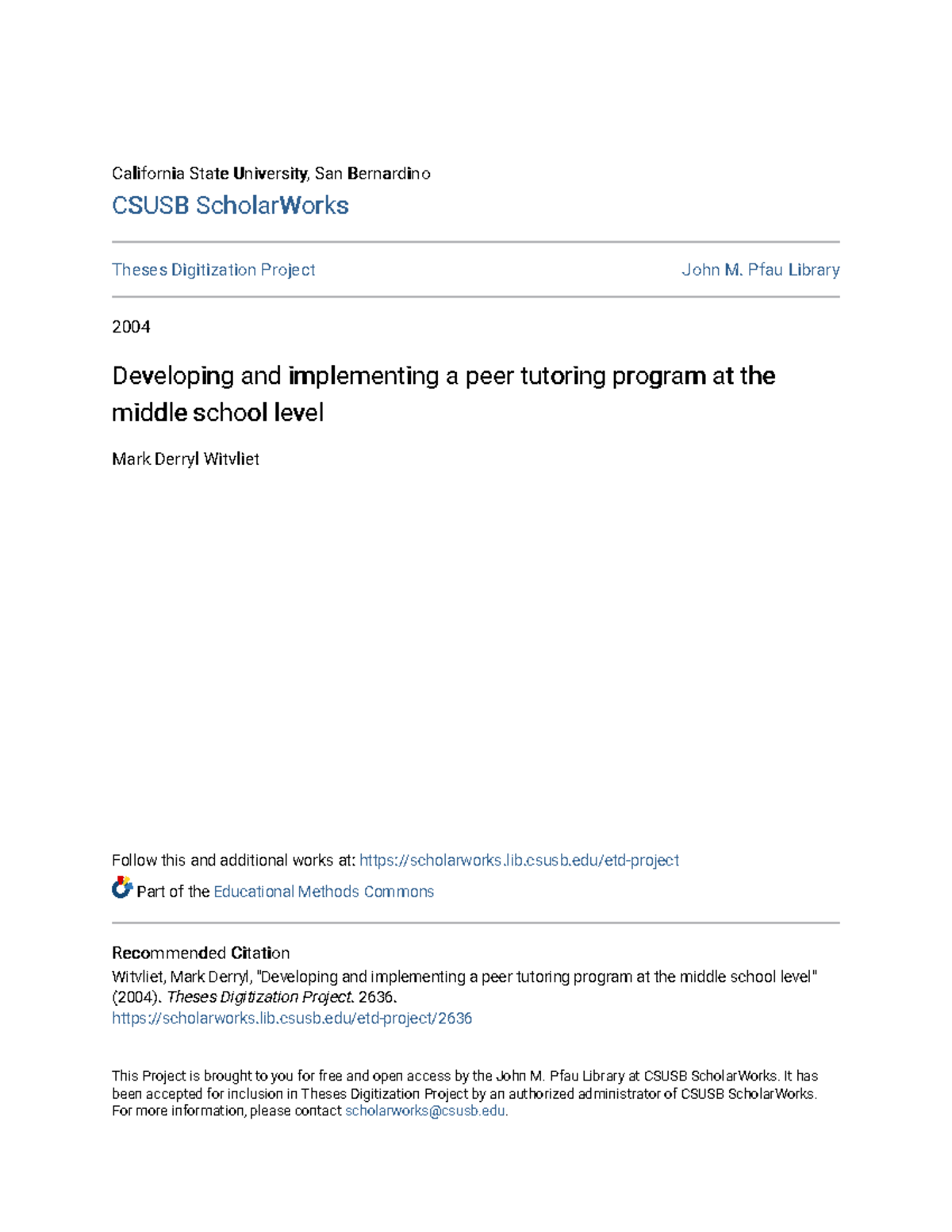 Developing and implementing a peer tutoring program at the middle ...