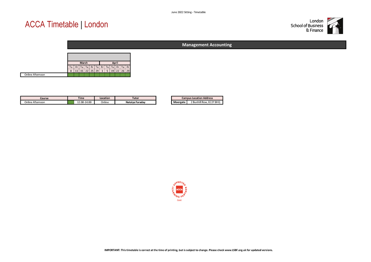 ACCA Timetable Tuition and Revision June 22 Sitting 1 ACCA Timetable