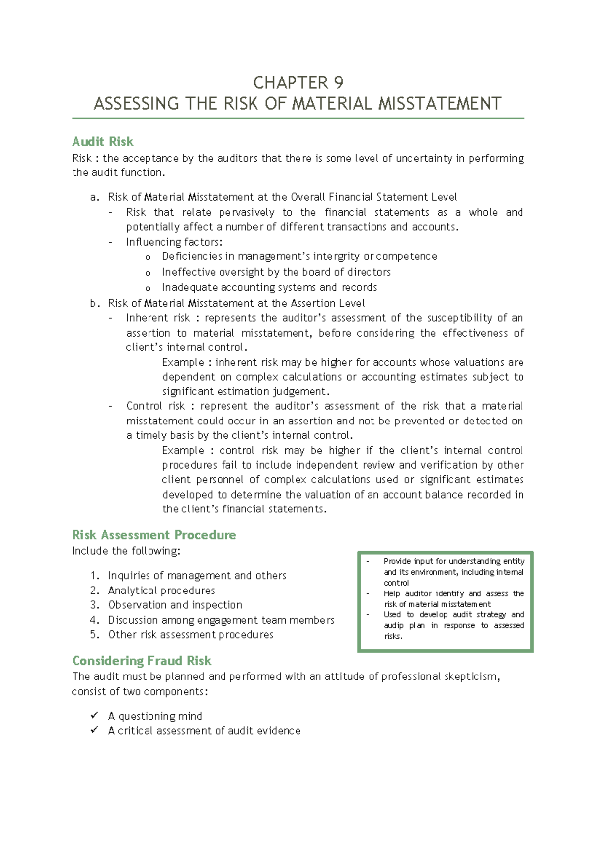 Ch 9 Assessing The Risk Of Material Misstatement Chapter Assessing The Risk Of Studocu