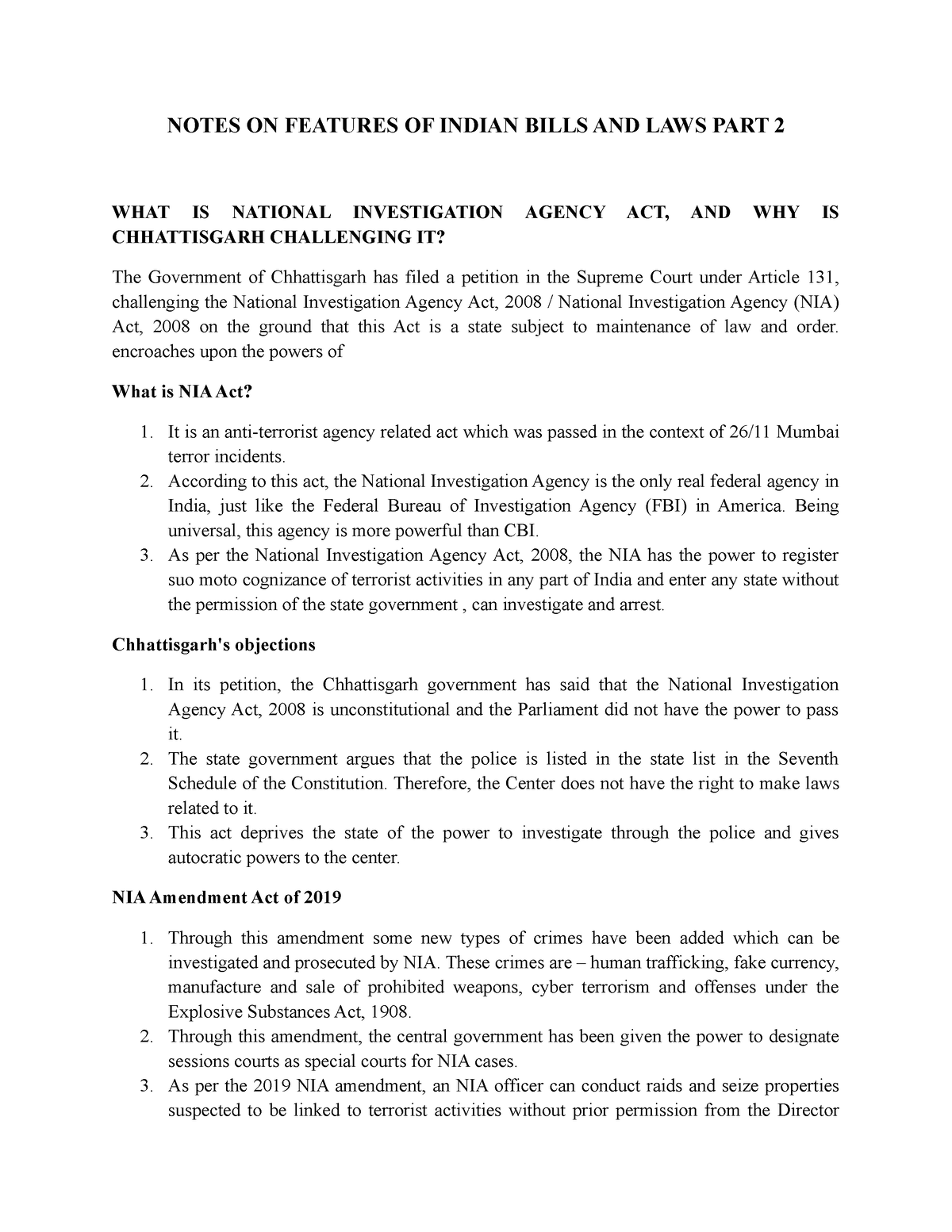 Notes ON Features OF Indian Bills AND LAWS PART 2 - NOTES ON FEATURES ...