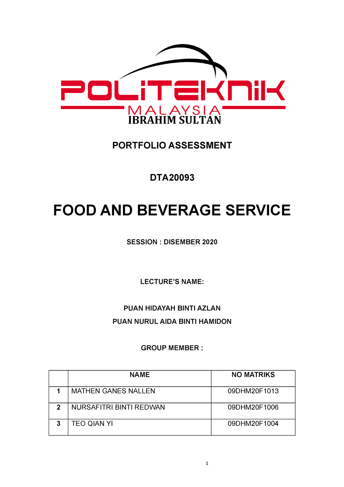 Portfolio F&B Service - PORTFOLIO ASSESSMENT DTA FOOD AND BEVERAGE ...