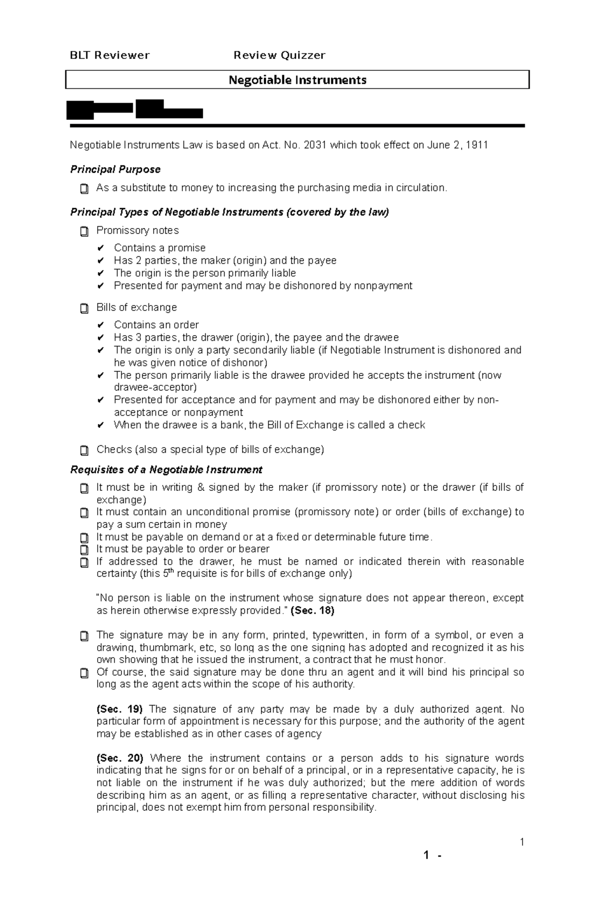 Negotiable Instruments Notes - Negotiable Instruments Negotiable ...