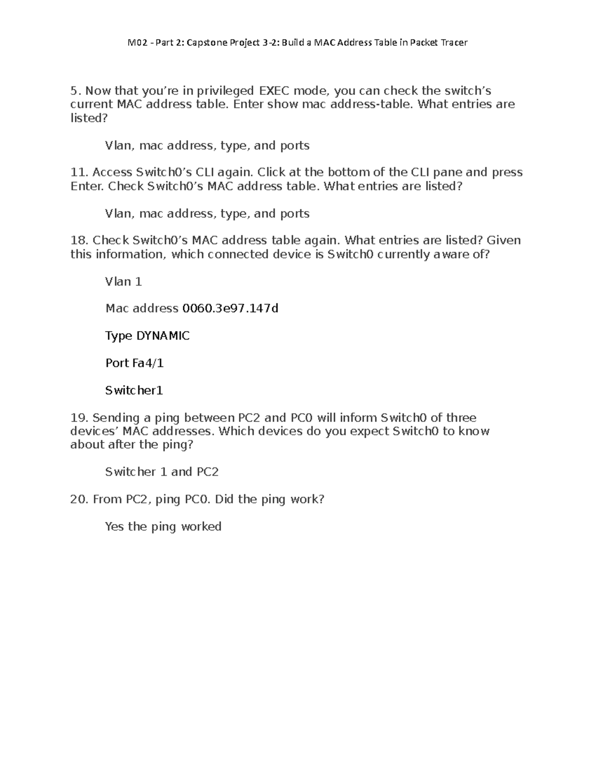 M02 Part 2 Capstone Project 32 Build a MAC Address Table in Packet