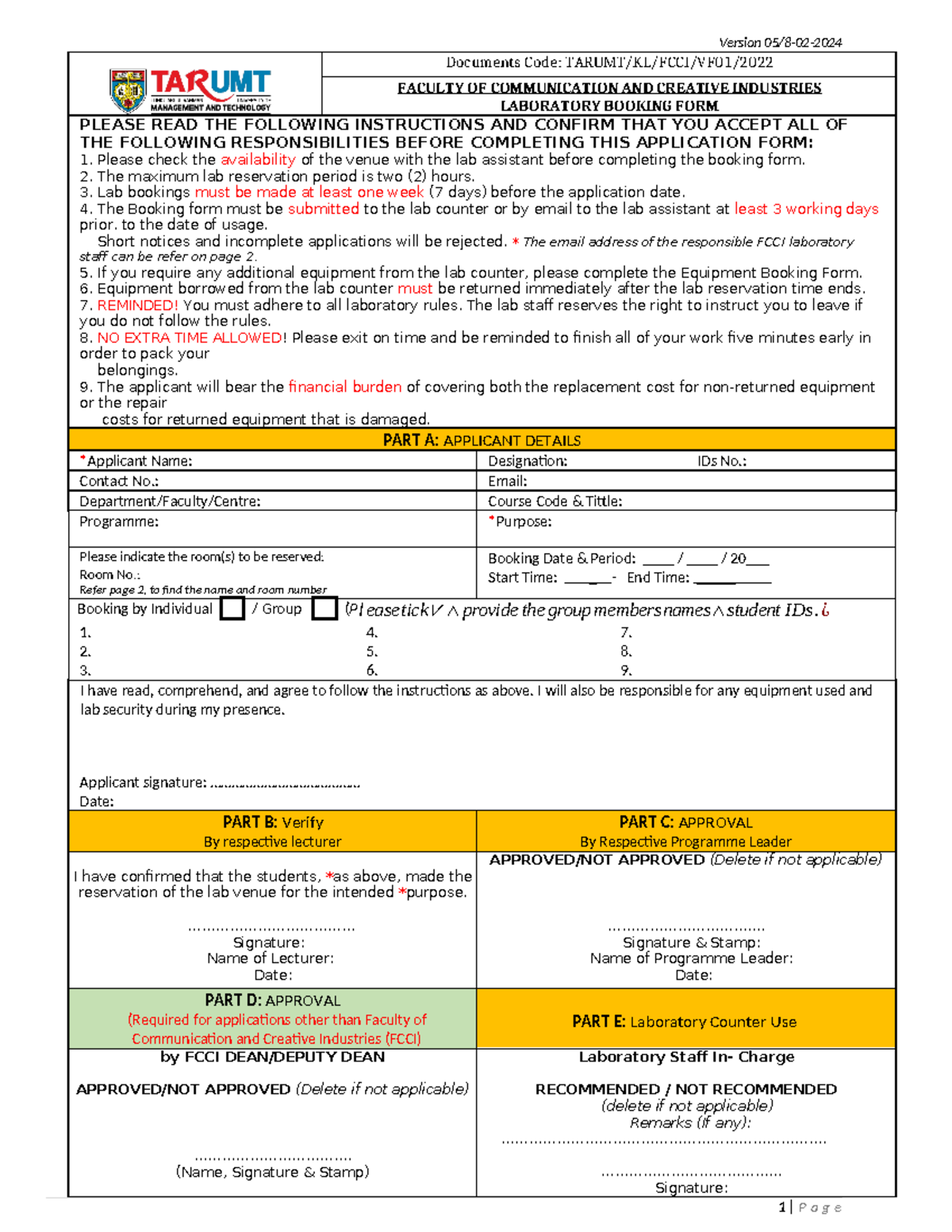Laboratory Booking Form Version 05 - Version 05/8-02- Documents Code ...