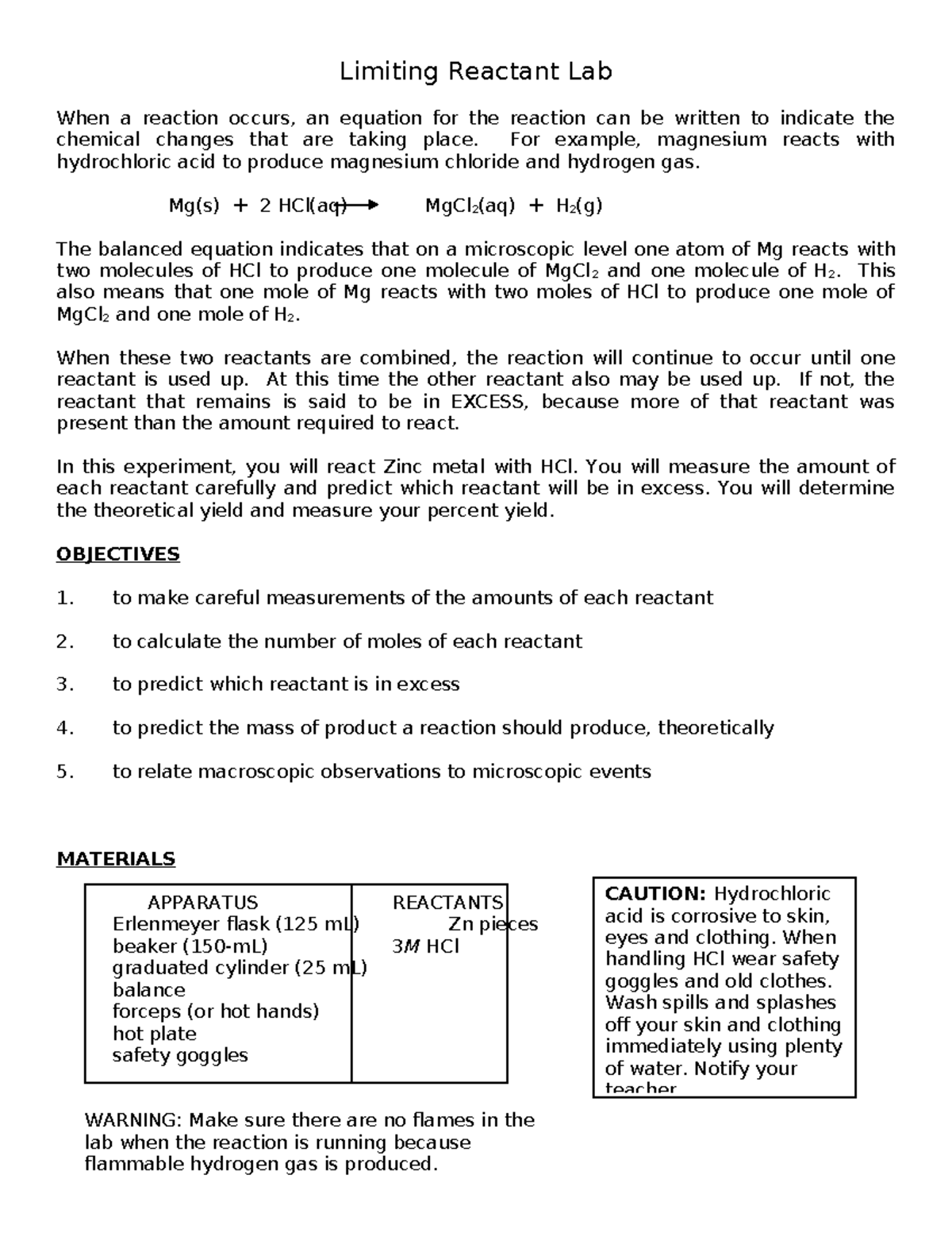 Zn Cl2 Limiting Reactant Lab - Limiting Reactant Lab When a reaction ...