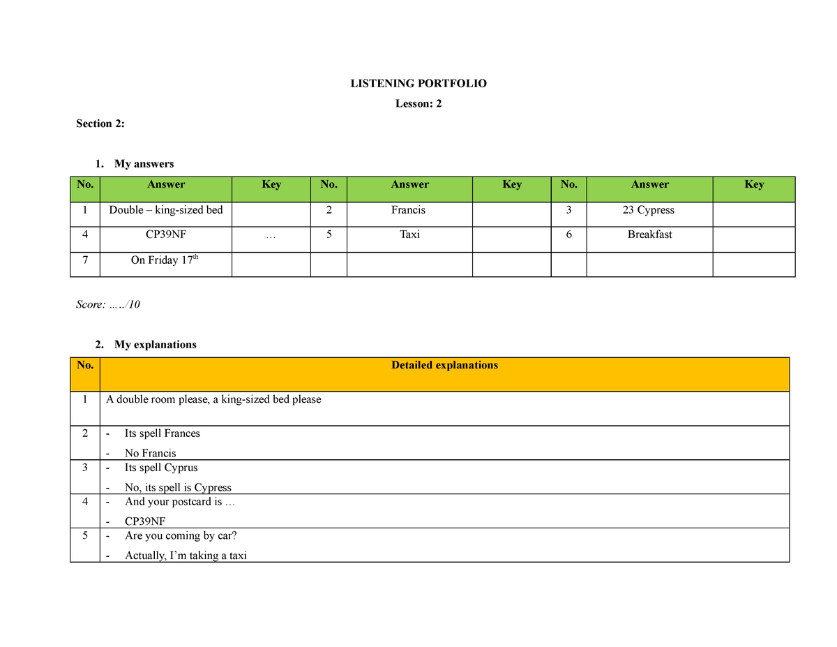 assignment plan listening answers