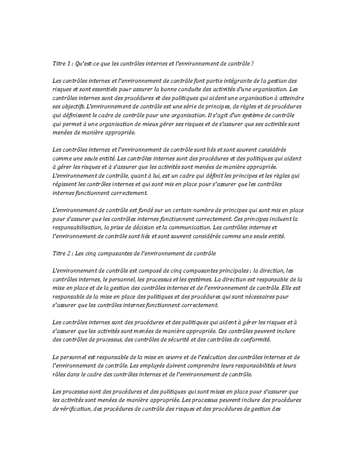 Internal Controls and Control Environment Study Notes - Titre 1 : Qu ...