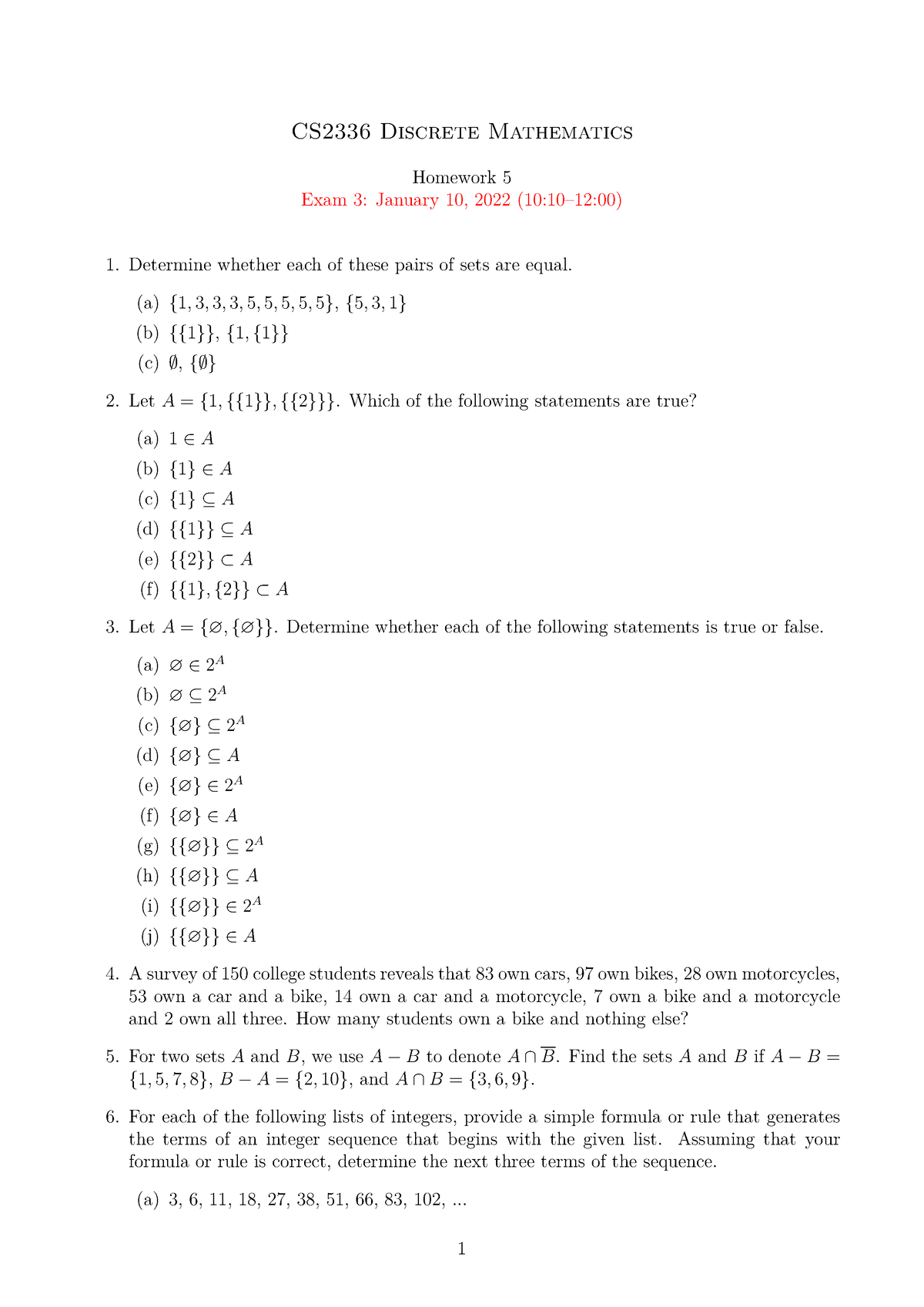 Assign 5 Discrete Mathematics - CS2336 Discrete Mathematics Homework 5 ...