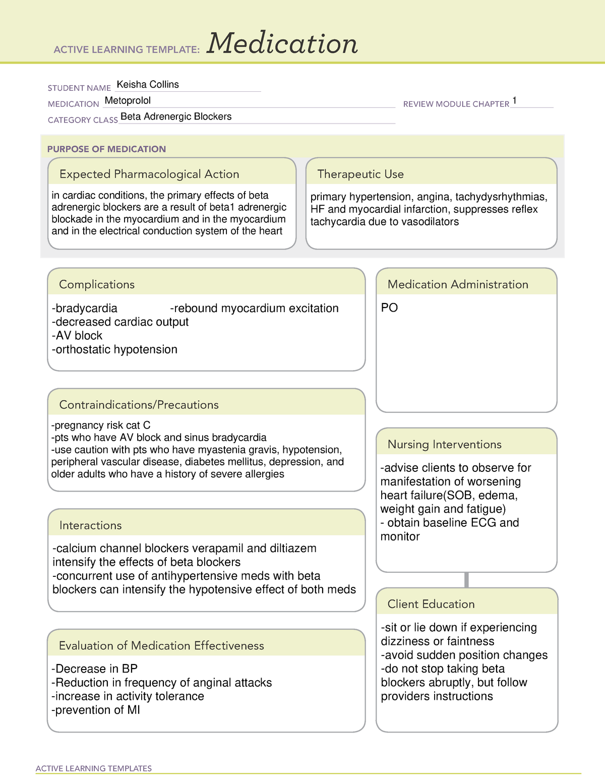 KC metoprolol template ACTIVE LEARNING TEMPLATES Medication STUDENT