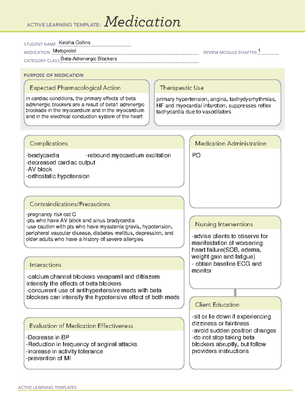 KC Metoprolol Template ACTIVE LEARNING TEMPLATES Medication STUDENT 