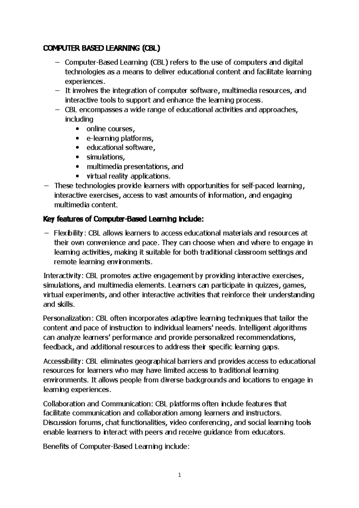 Computer Based Learning 1 - COMPUTER BASED LEARNING (CBL) Computer ...