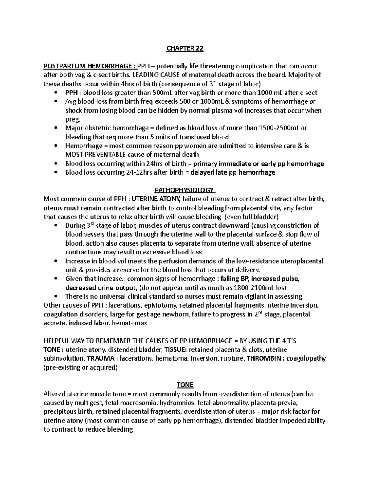 Chapter 22 - high risk notes from lecture - CHAPTER 22 POSTPARTUM ...
