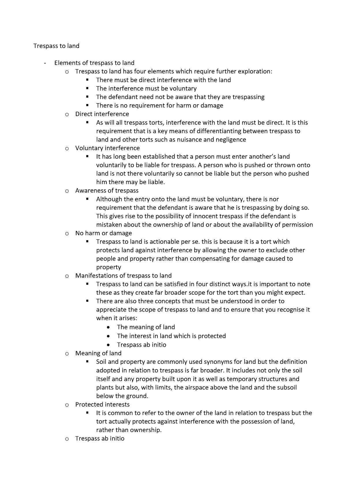 Lecture 9 . Trespass to land - Trespass to land Elements of trespass to ...