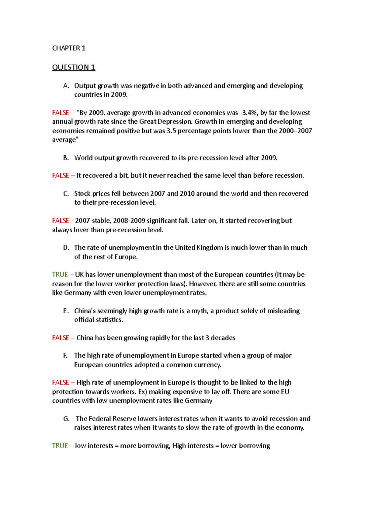 Macroeconomics Chapter 1 questions - CHAPTER 1 QUESTION 1 A. Output ...