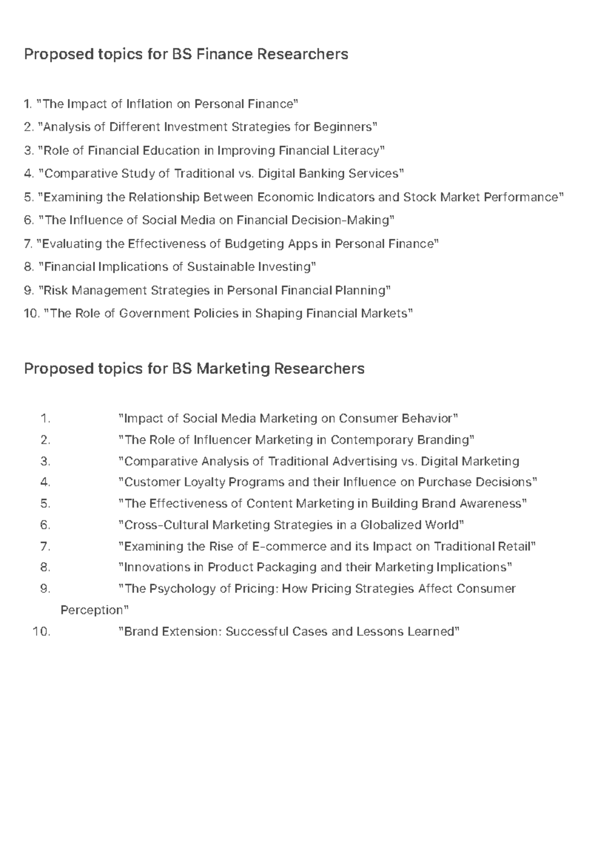 Proposed topics for BS Finance Researchers - 1. 2. 3. 4. 5. 6. 7. 8. 9 ...