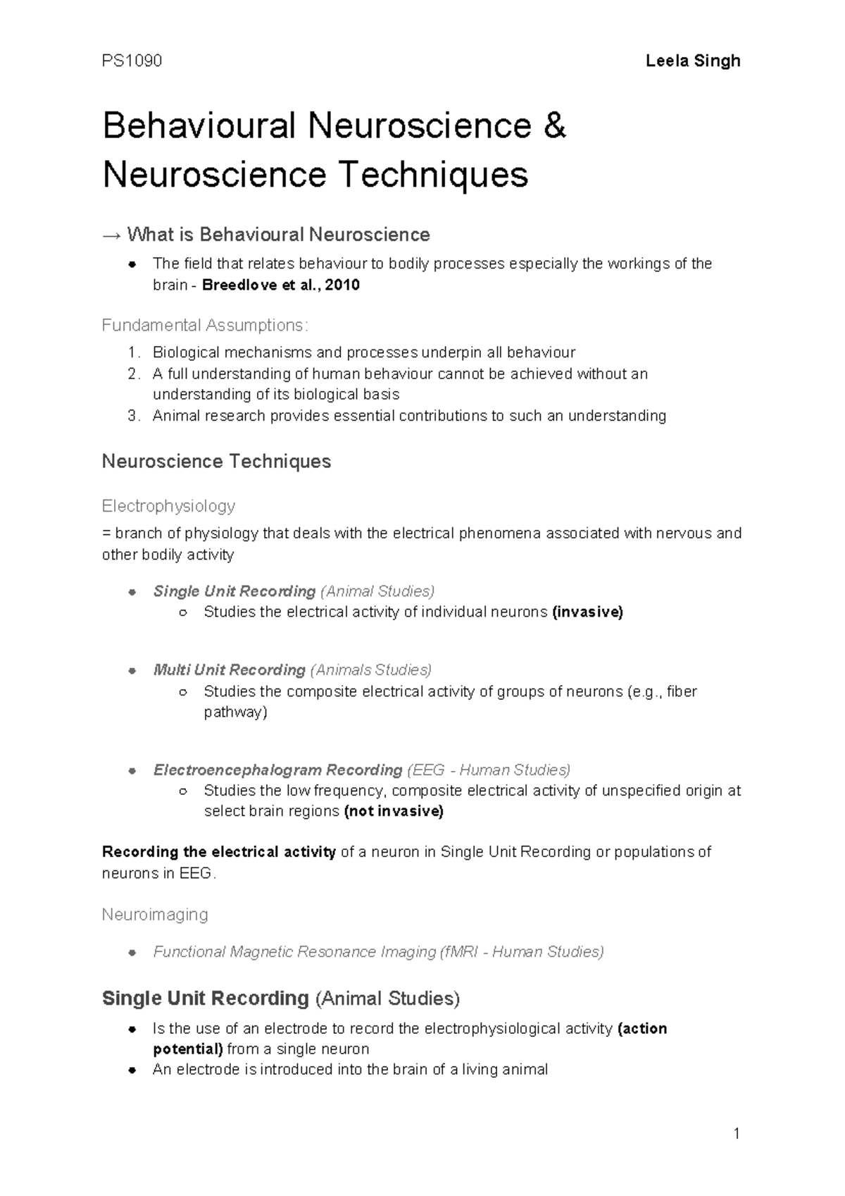 L1 - Behavioural Neuroscience And Neuroscience Techniques - Behavioural ...