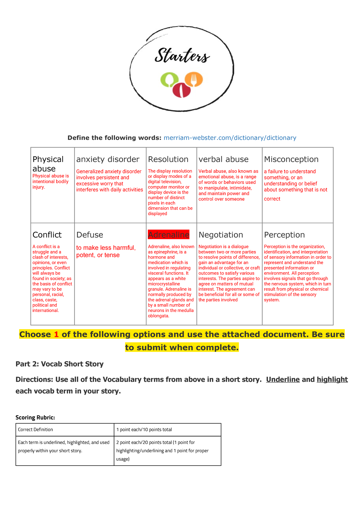 Social and Emotional Wellness Define the following words merriam