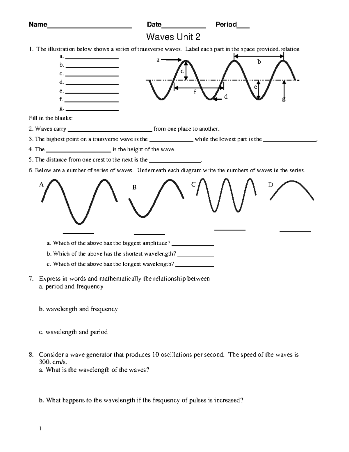 Samuels wave worksheet 2 W2 WS5 - 1 Name Date Period Waves Unit 2 1 ...