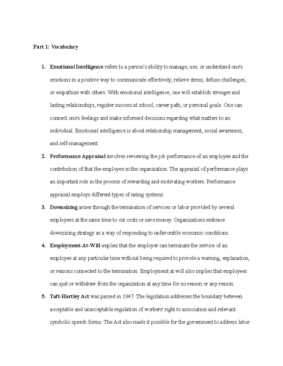 Human Resources Management Quiz #2 - Part 1: Vocabulary 1. Emotional ...