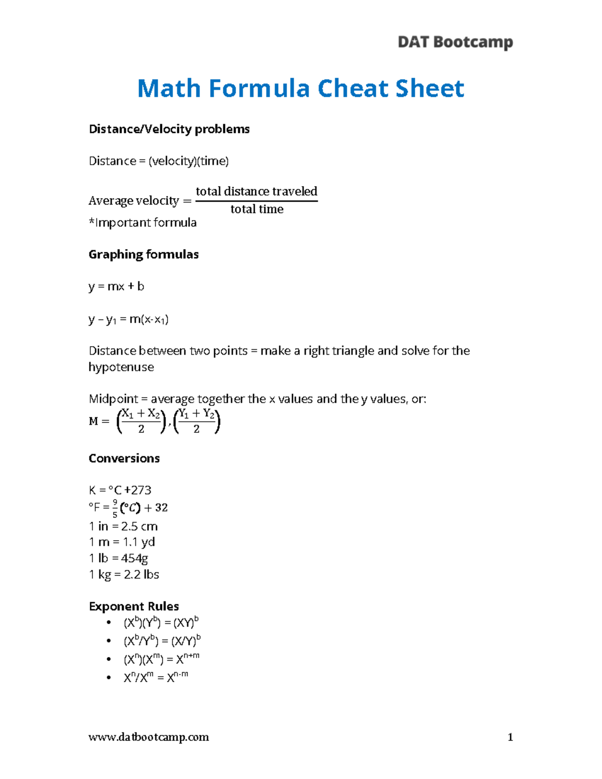 Math Formula Sheet By DATBootcamp - Math Formula Cheat Sheet Distance ...