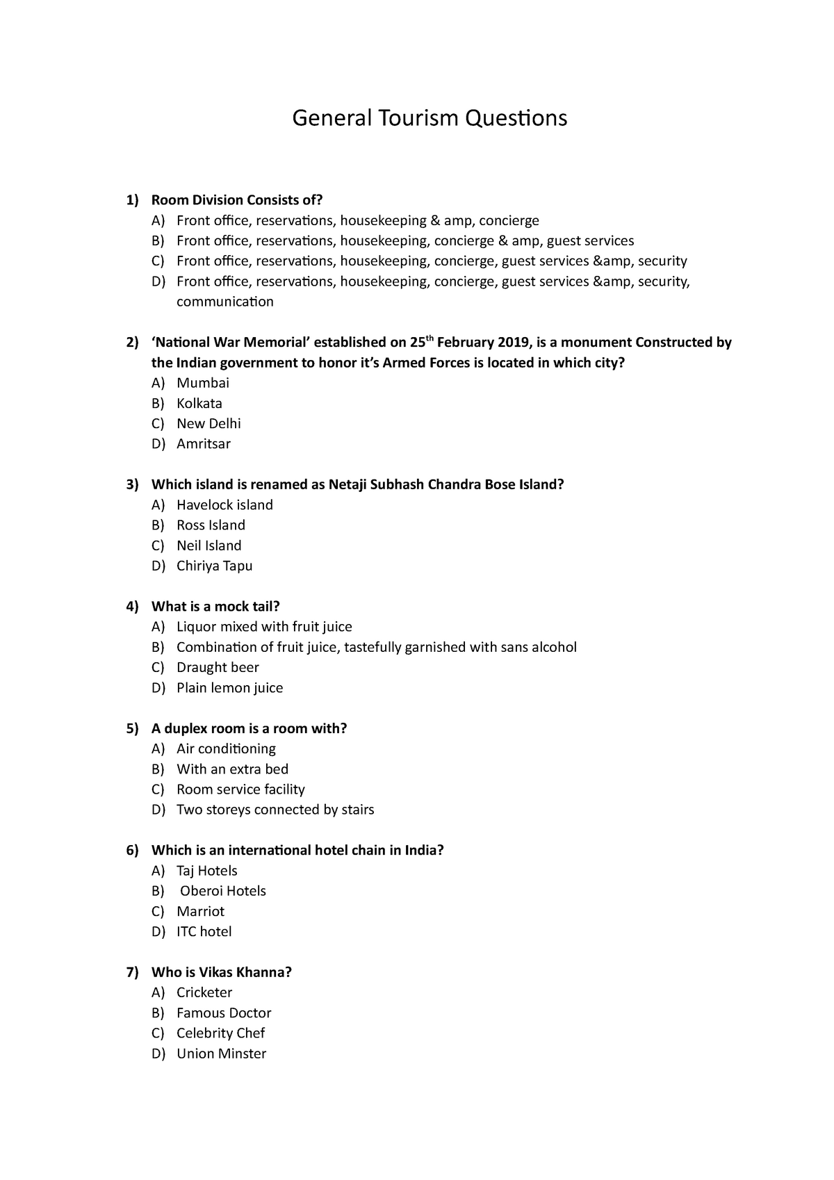 tourism marketing mcq with answers