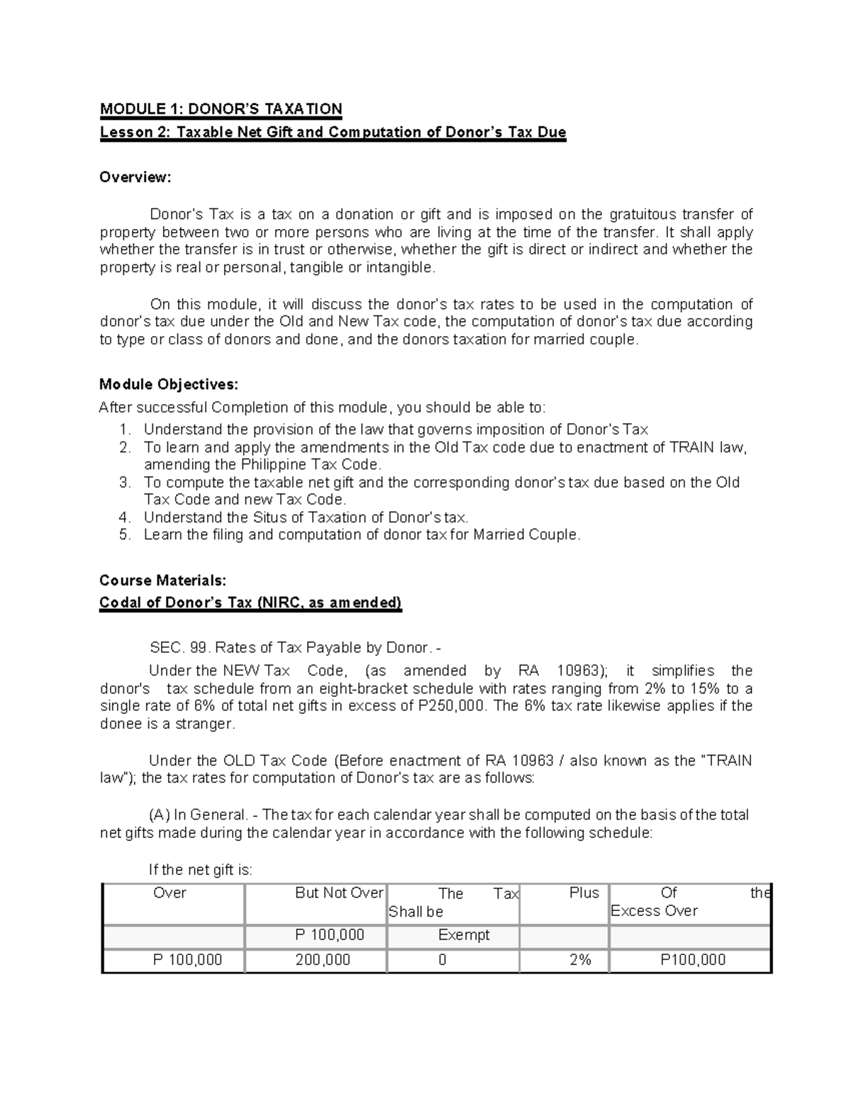 Module 1 Lesson 2 business taxation MODULE 1 DONOR’S TAXATION