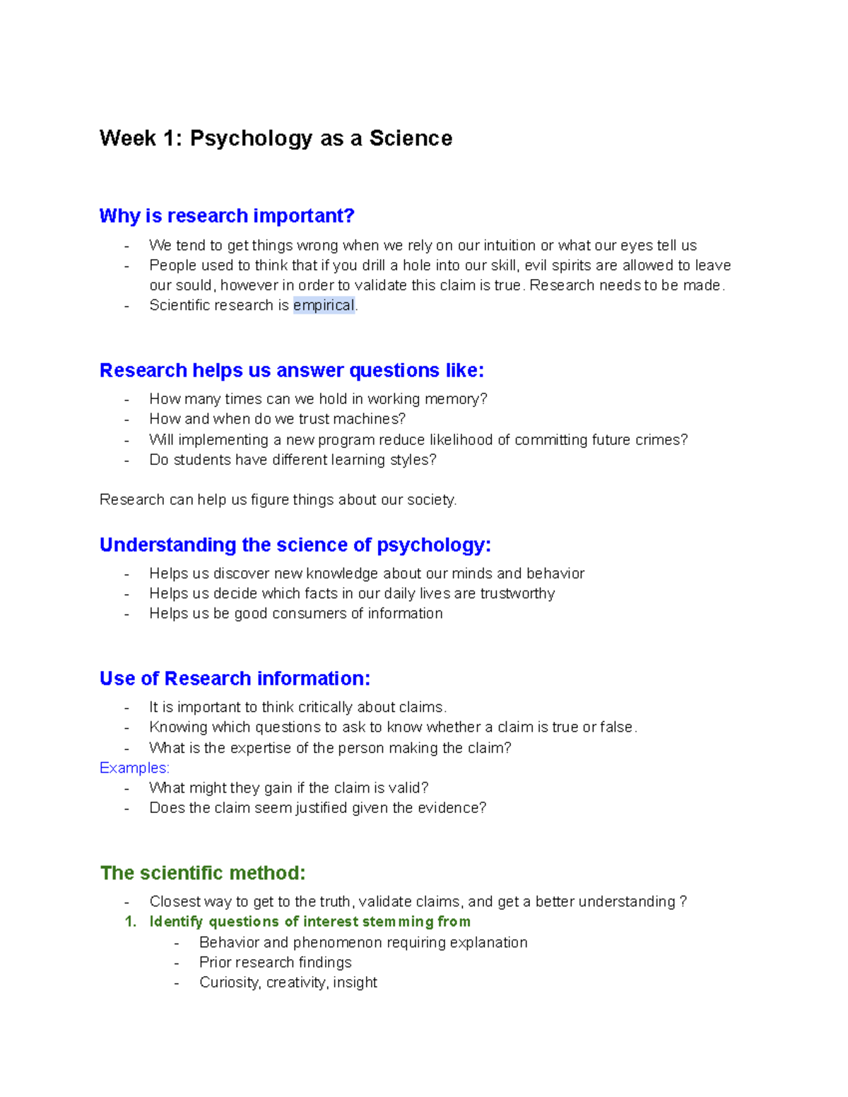 Psych 002 - Lecture Notes - Week 1: Psychology as a Science Why is ...