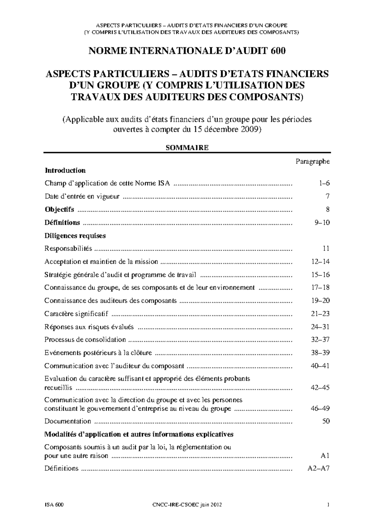 Norme Internationale Daudit 600 Aspects - (Y COMPRIS L’UTILISATION DES ...