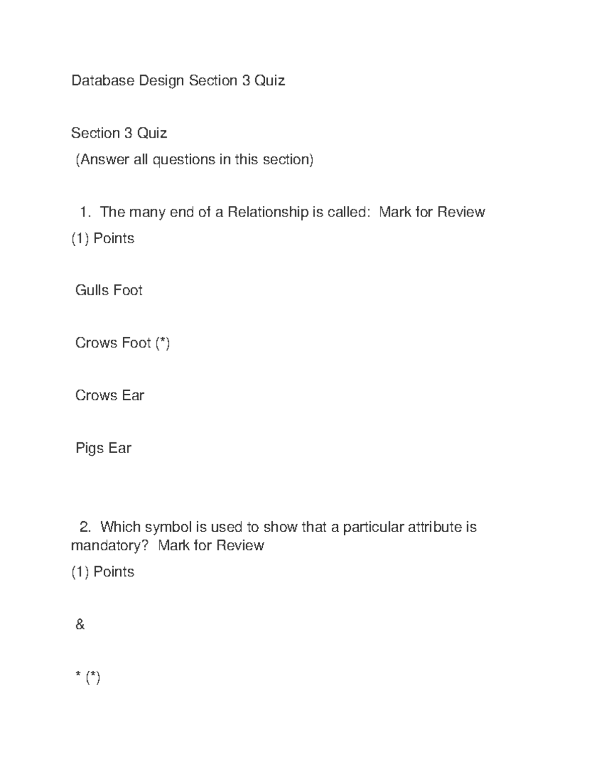 Oracle Database Design Section 3 Quiz Answers - Design Talk