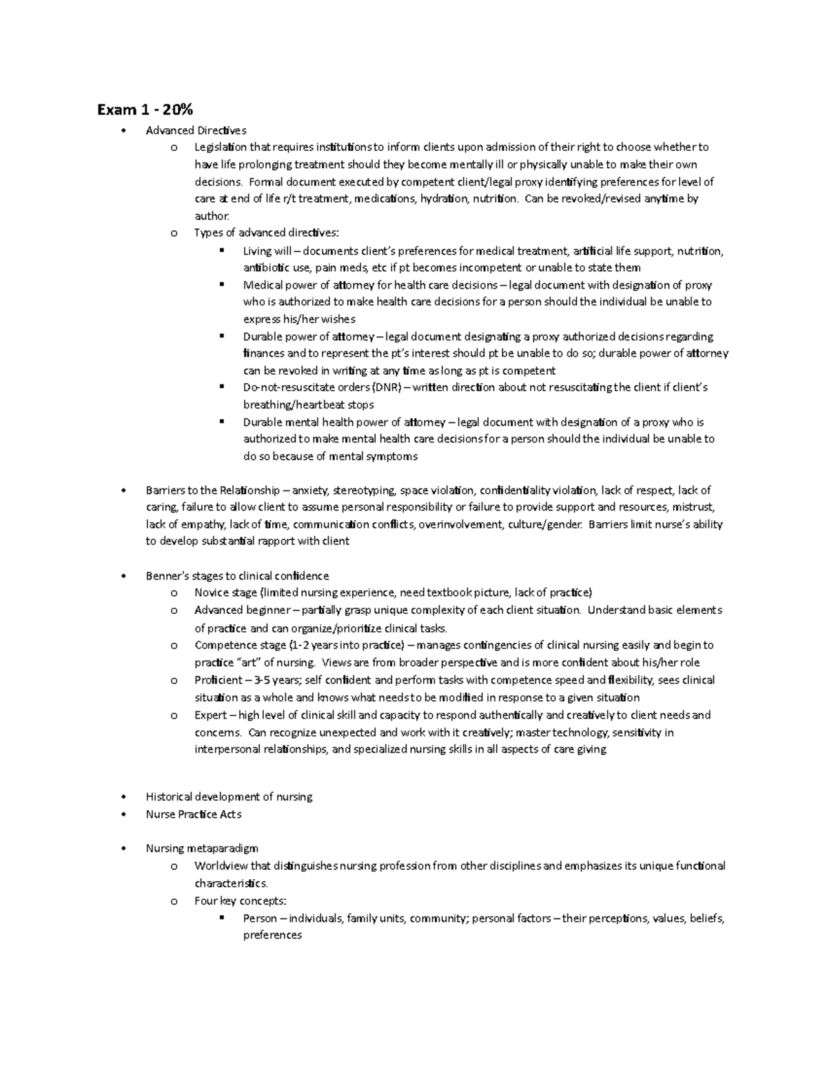 325 Final Exam Study Guide - Exam 1 - 20% Advanced Directives o ...