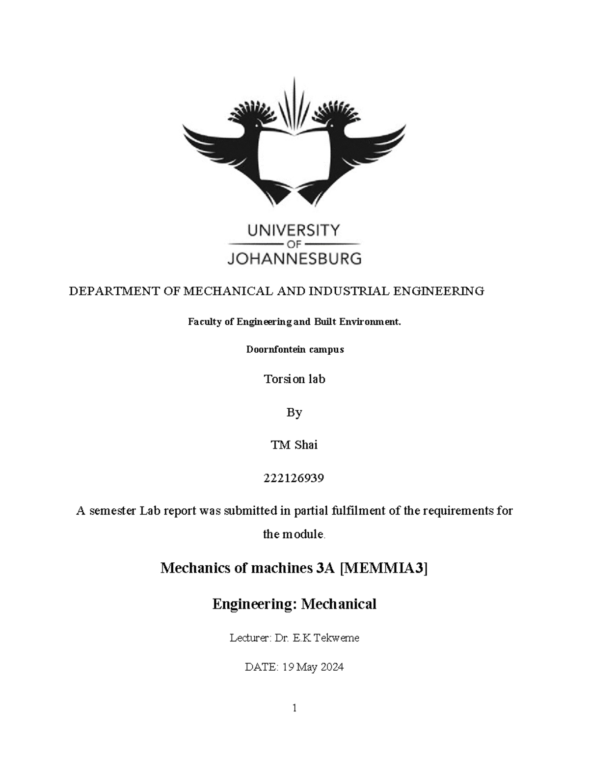 torsional oscillation lab1 - DEPARTMENT OF MECHANICAL AND INDUSTRIAL ...