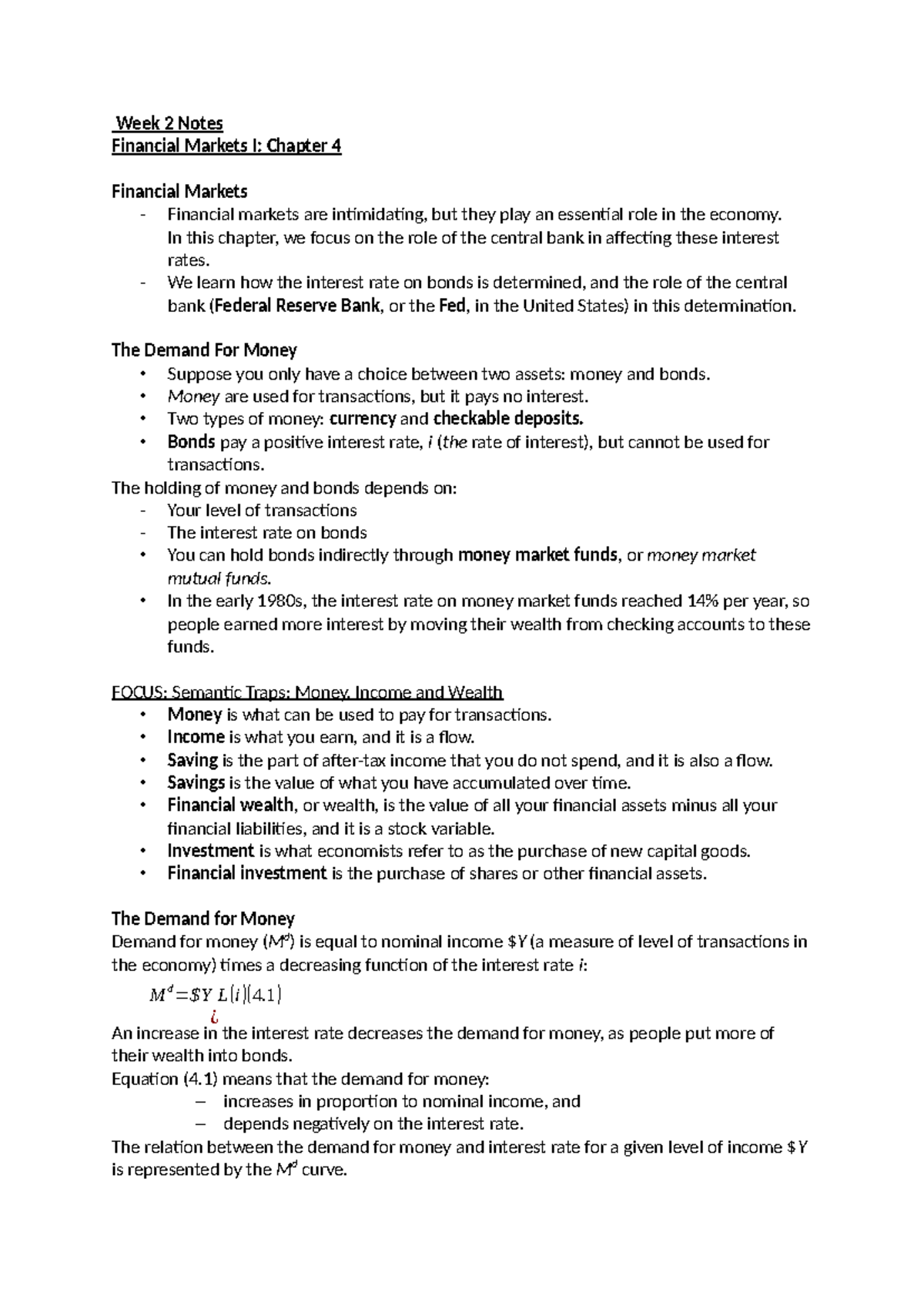 Week 2 Notes - Week 2 Notes Financial Markets I: Chapter 4 Financial ...