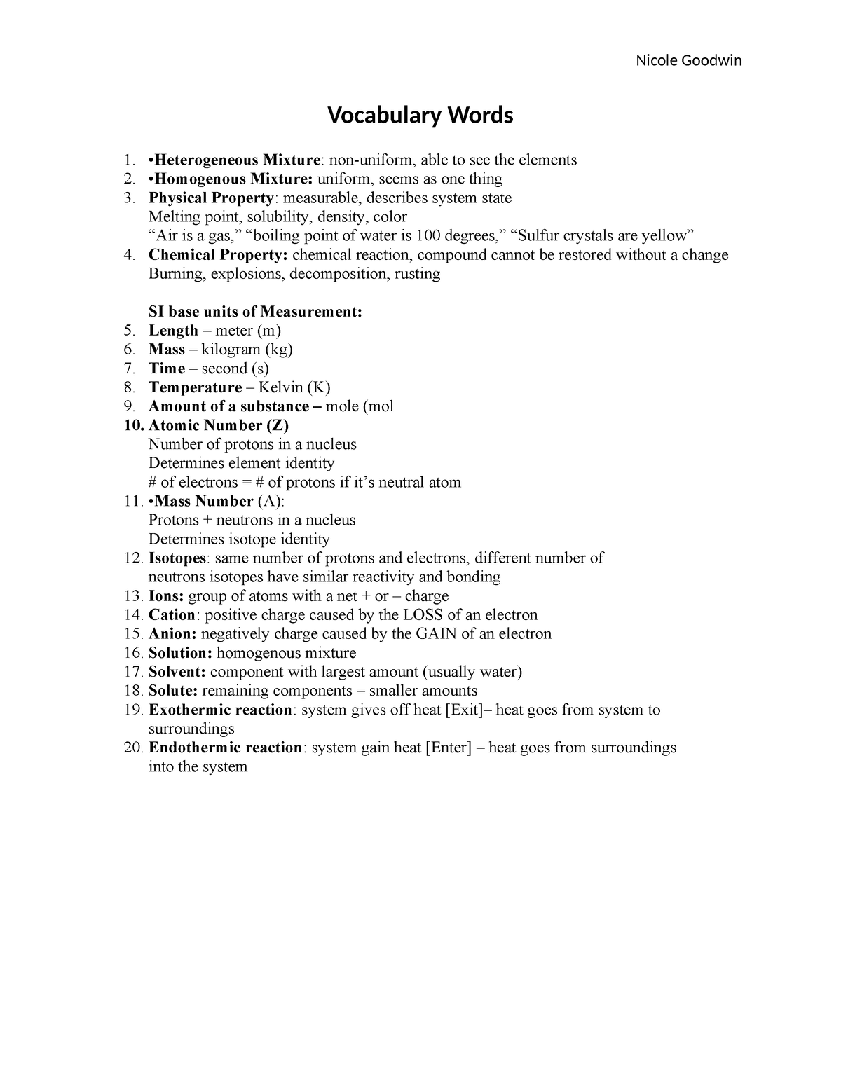 CHEM Final EXAM Review - Nicole Goodwin Vocabulary Words ...