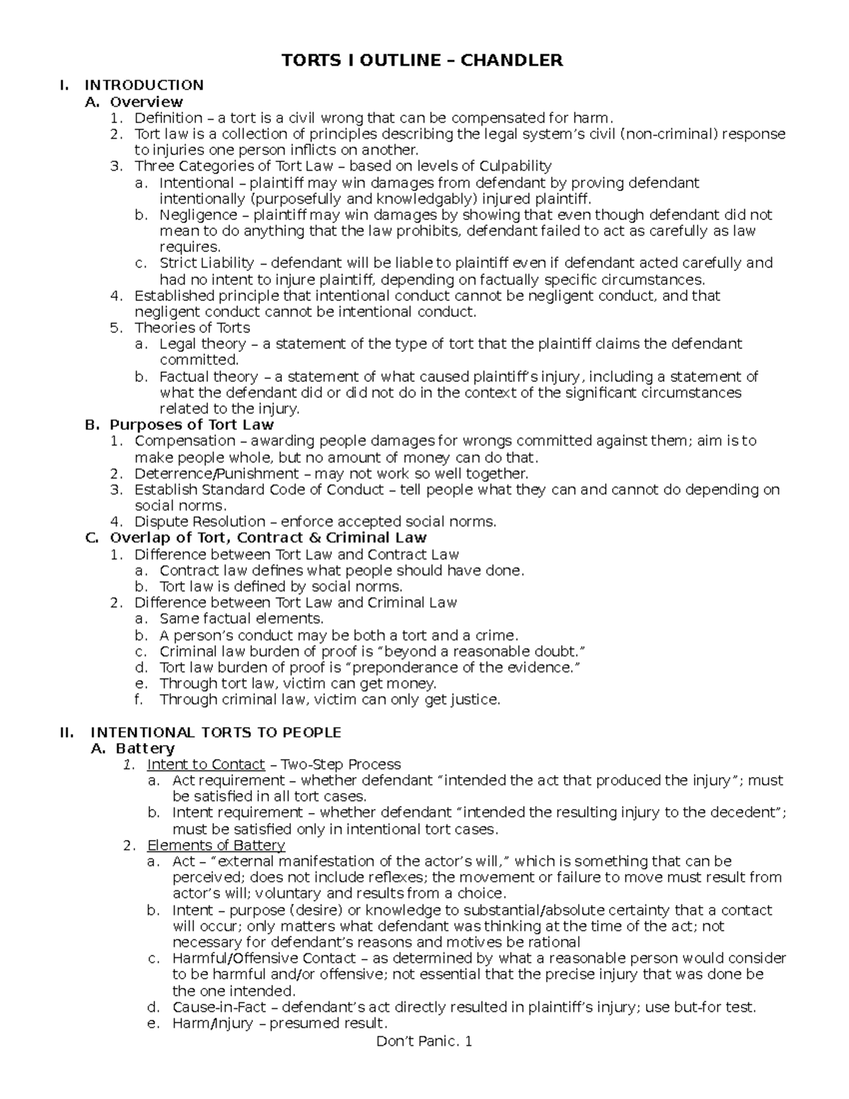 Torts I Outline - I. INTRODUCTION A. Overview 1. Definition – a tort is ...