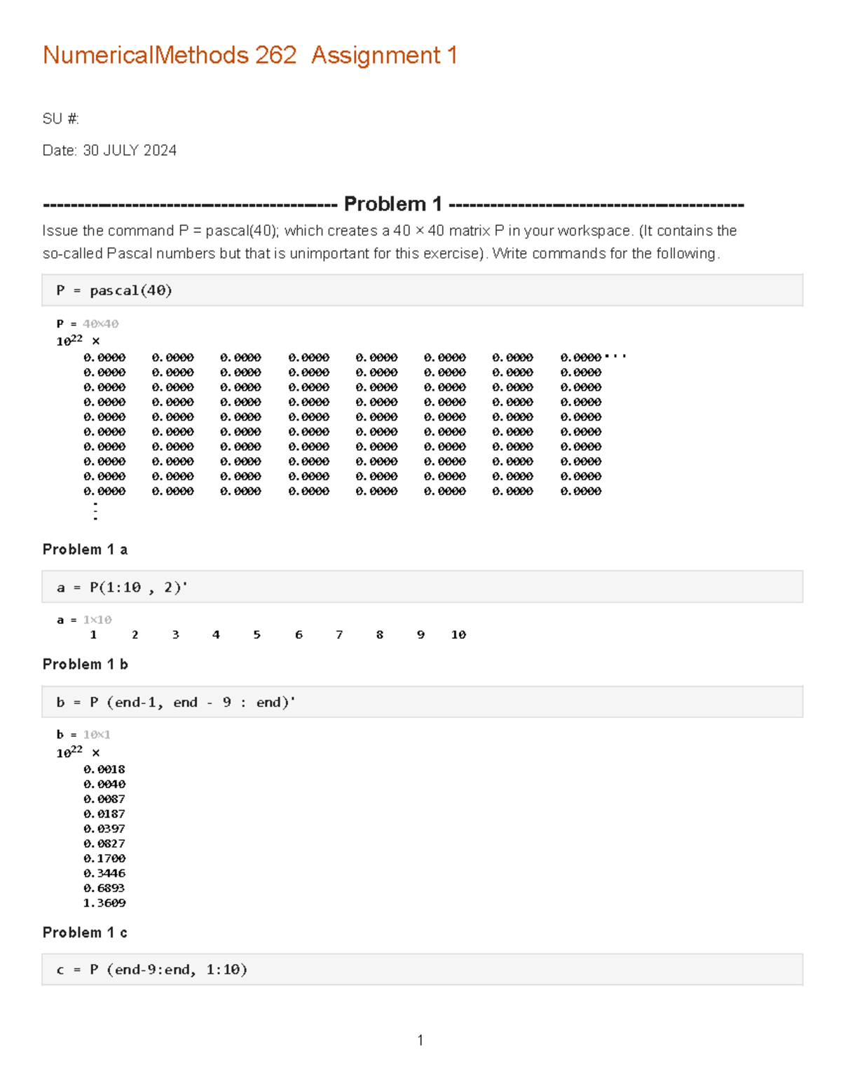Assignment 1 numerical methods - NumericalMethods 262 Assignment 1 Name ...