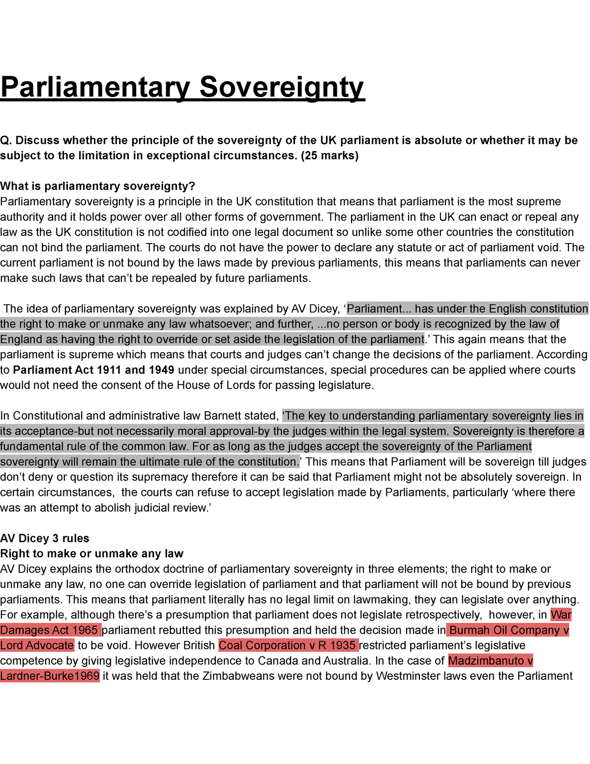 challenges to parliamentary sovereignty essay