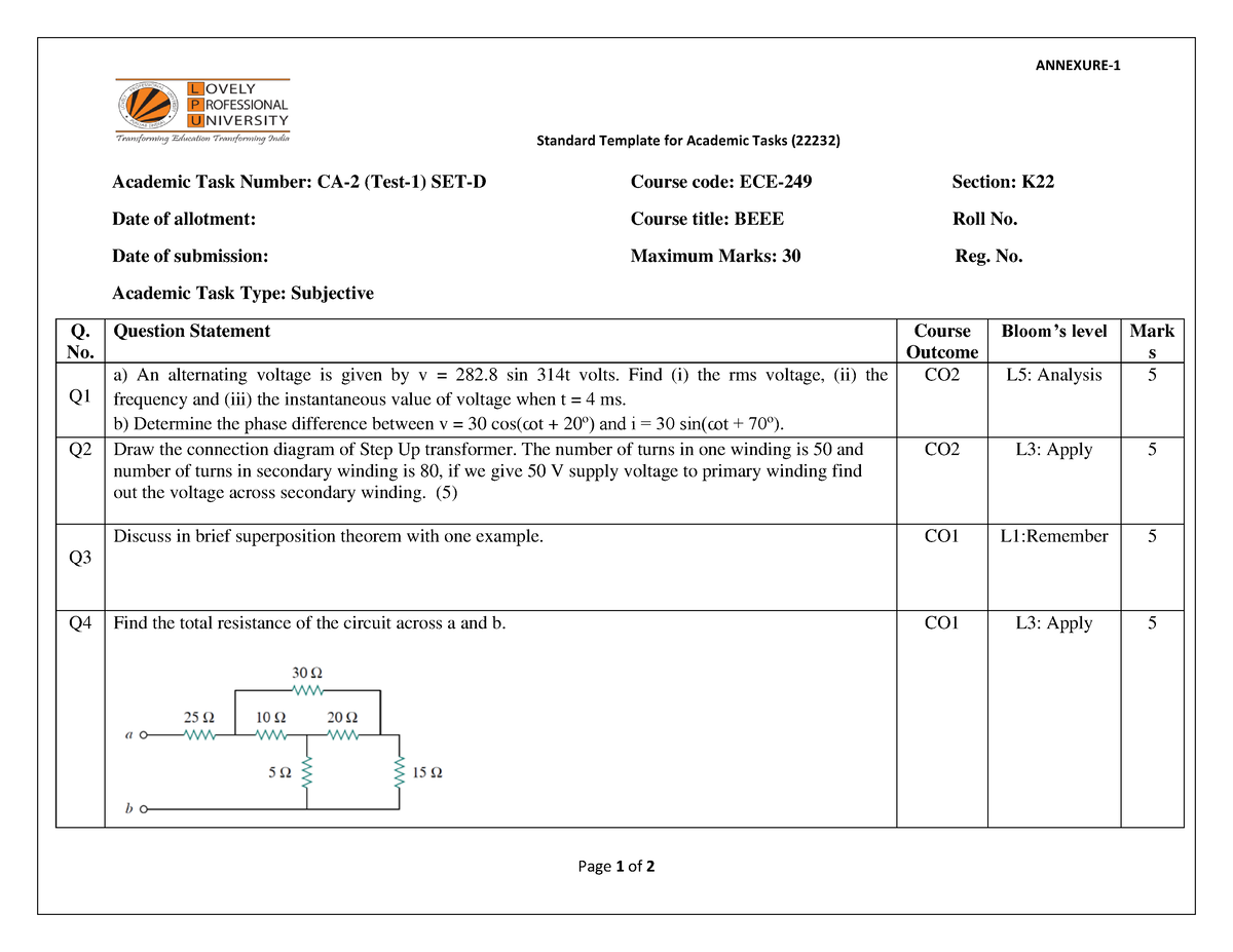 CA1 ECE249 Set D - Practical - ANNEXURE- Standard Template For Academic ...