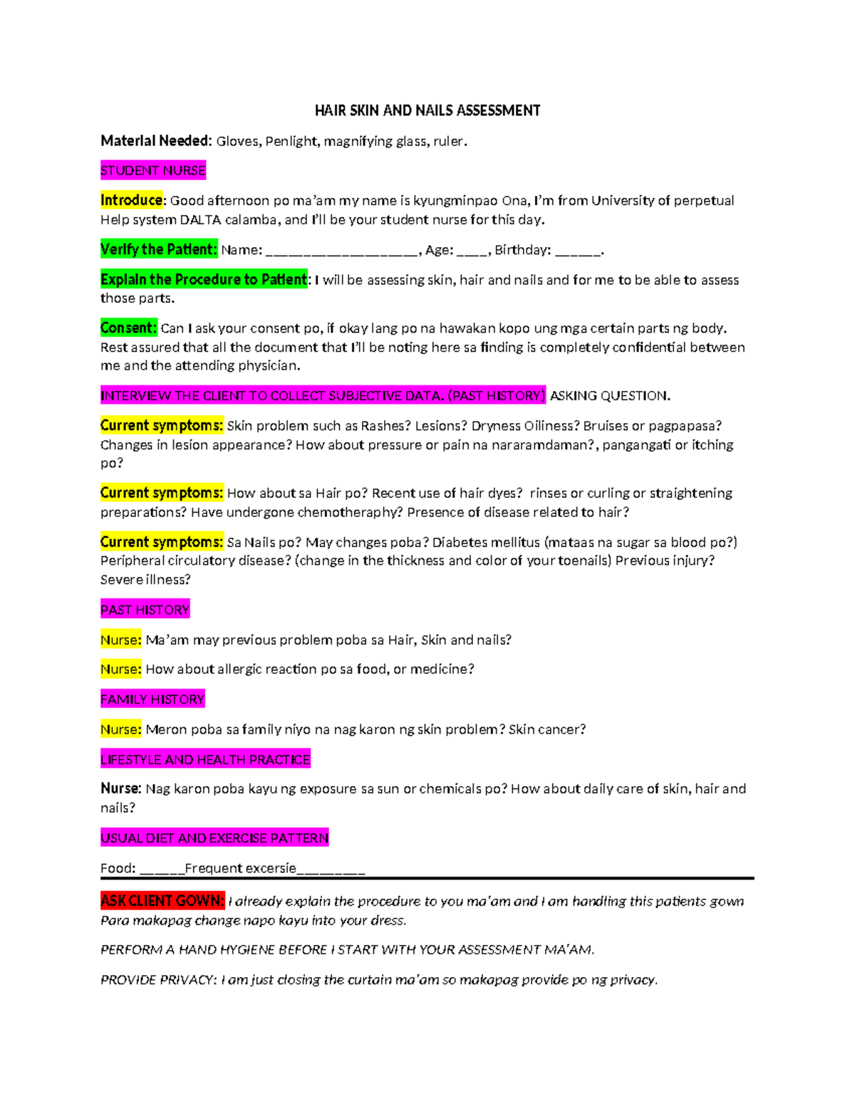 HAIR SKIN AND Nails Assessment - HAIR SKIN AND NAILS ASSESSMENT ...