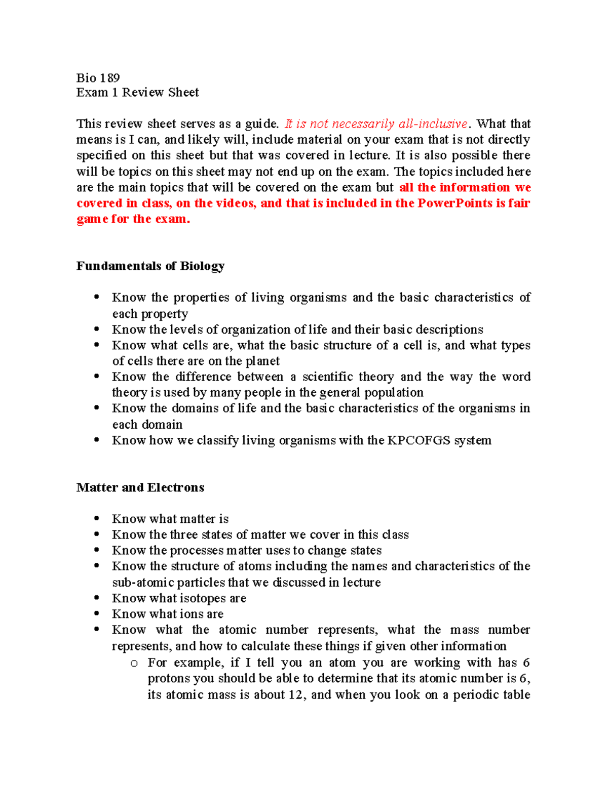 Exam+1+Review+Sheets+Bio+189 - Bio 189 Exam 1 Review Sheet This review ...