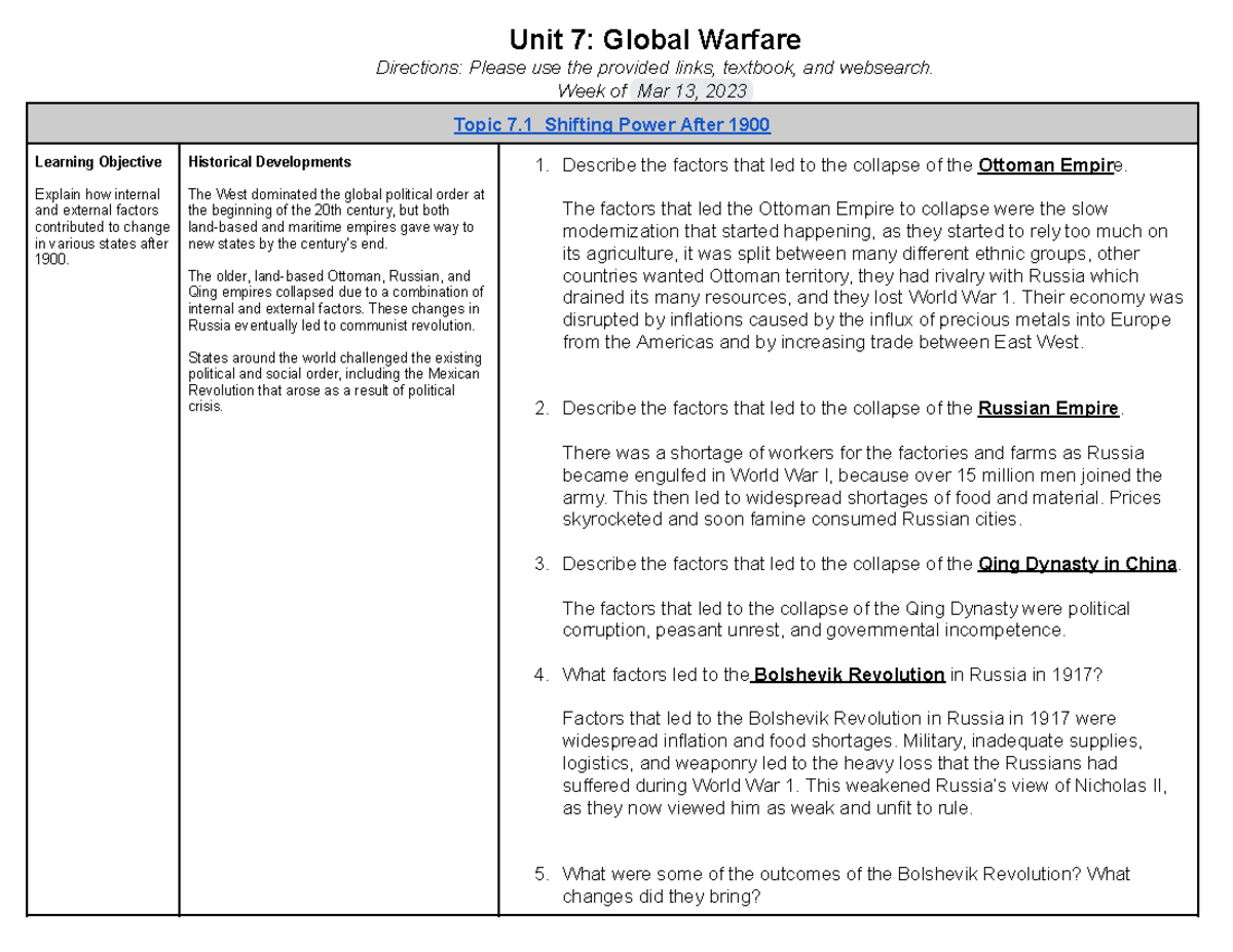 GH AP World History Unit 7 Unit 7 Global Warfare Directions Please