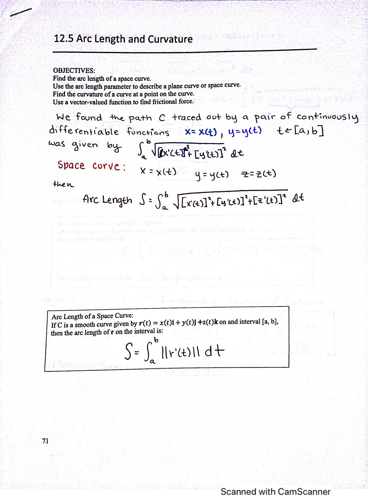 Calculus 3 12.5 notes - 12 Arc Length and Curvature LO OL Om pe ne Sees ...